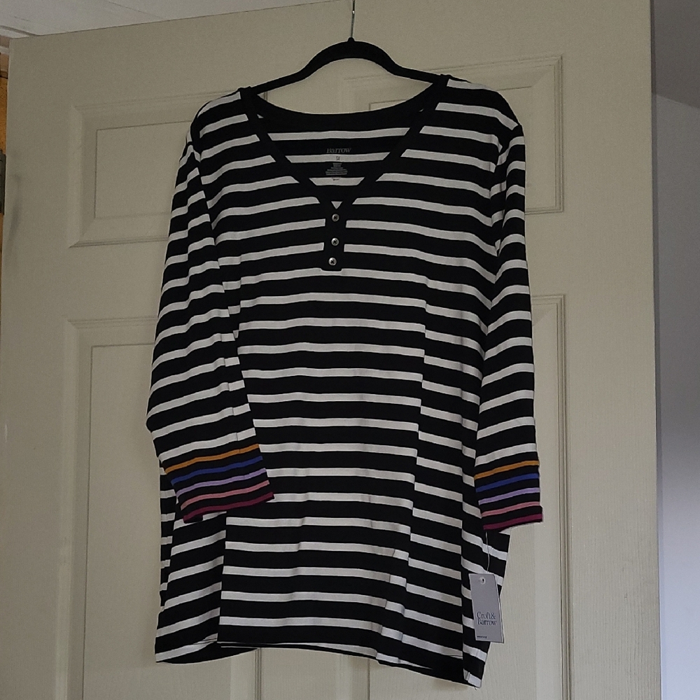 Croft & Barrow Black and White Striped 3/4 Sleeve Top with Colorful Cuffs